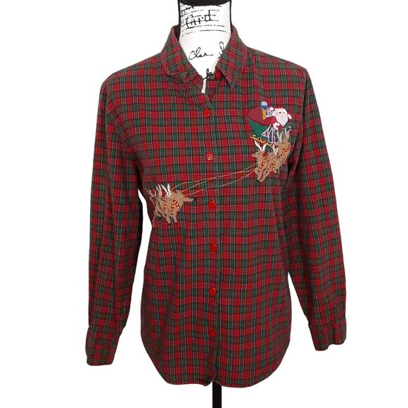Vintage 90s Santa Claus Embroidered Button Up Shirt Red Plaid Christmas Womens L - Picture 3 of 11